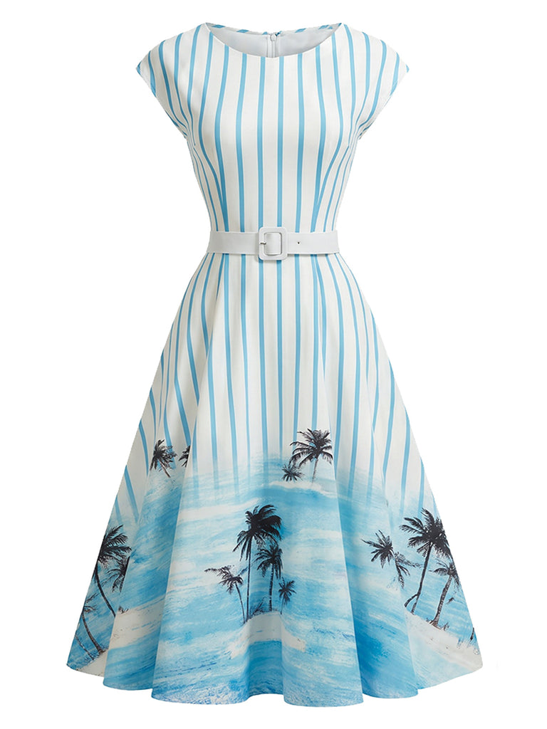 Blaues 50er Swingkleid mit Print und Palmen