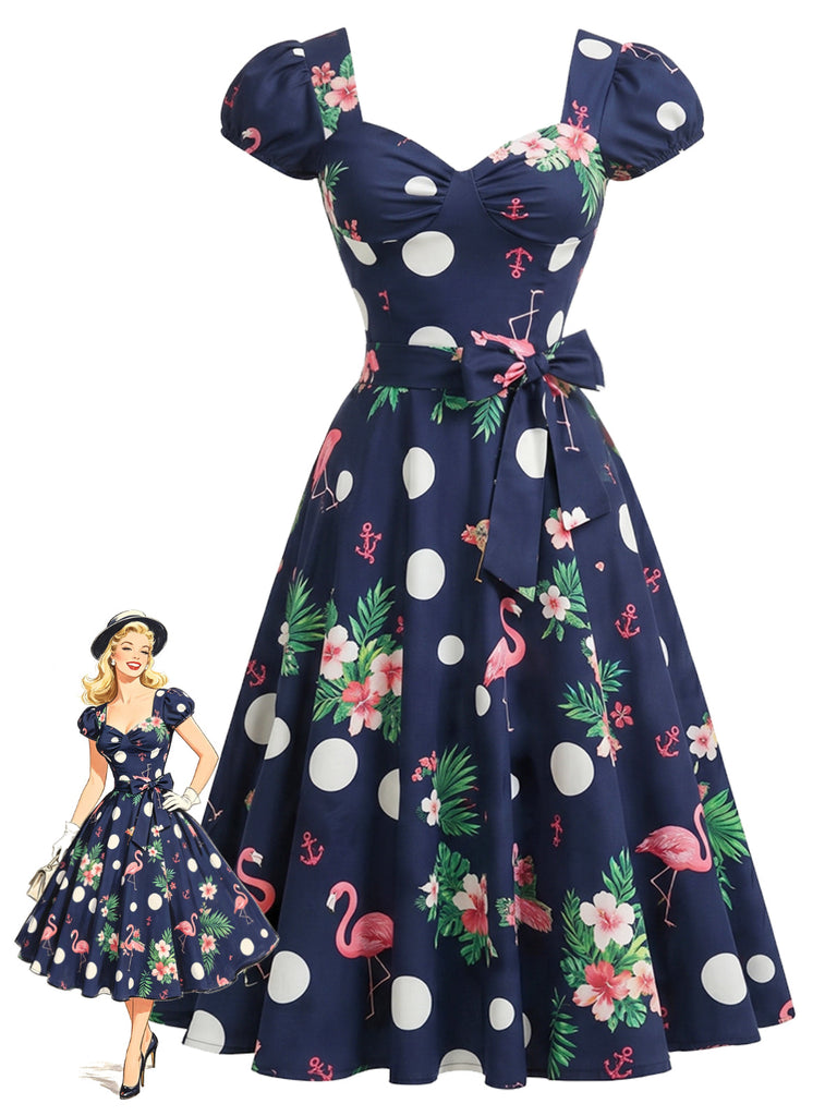 Marineblaues 50er Swingkleid mit Polka-Dots und Blumen
