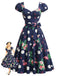 Marineblaues 50er Swingkleid mit Polka-Dots und Blumen