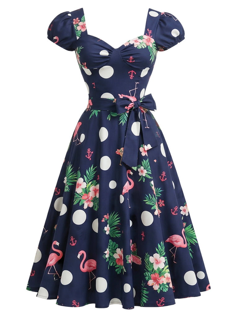 Marineblaues 50er Swingkleid mit Polka-Dots und Blumen