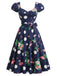 Marineblaues 50er Swingkleid mit Polka-Dots und Blumen