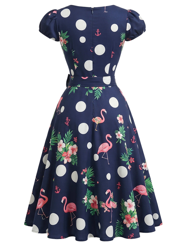 Marineblaues 50er Swingkleid mit Polka-Dots und Blumen
