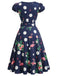 Marineblaues 50er Swingkleid mit Polka-Dots und Blumen