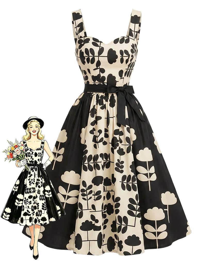 Schwarzes & Weißes 50er A-Linien-Kleid mit Blumen