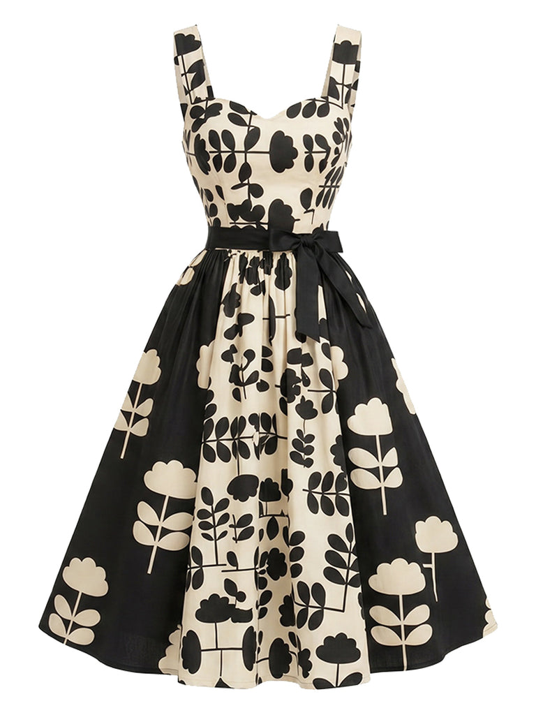 Schwarzes & Weißes 50er A-Linien-Kleid mit Blumen