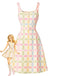 Beige 60er A-Linie Kleid mit Karo und Blumen