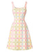 Beige 60er A-Linie Kleid mit Karo und Blumen