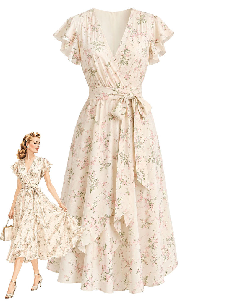 Creme-Gelbes 50er Wickelkleid mit Streublumen
