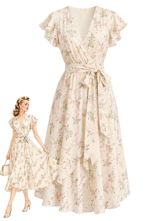 Creme-Gelbes 50er Wickelkleid mit Streublumen
