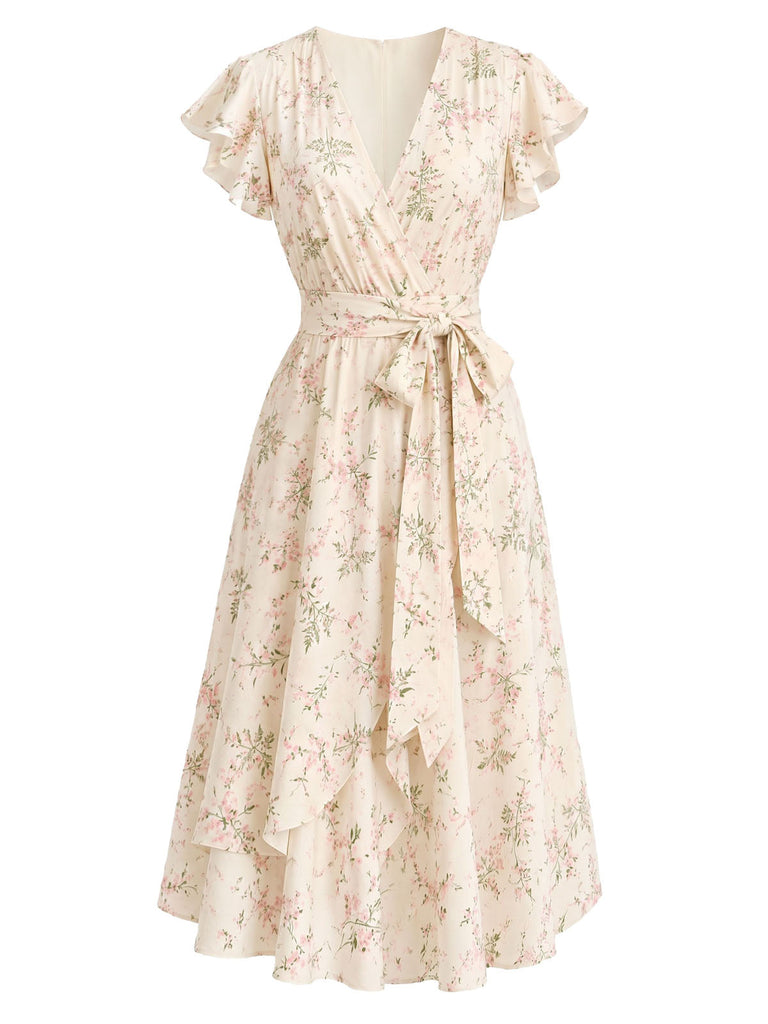 Creme-Gelbes 50er Wickelkleid mit Streublumen