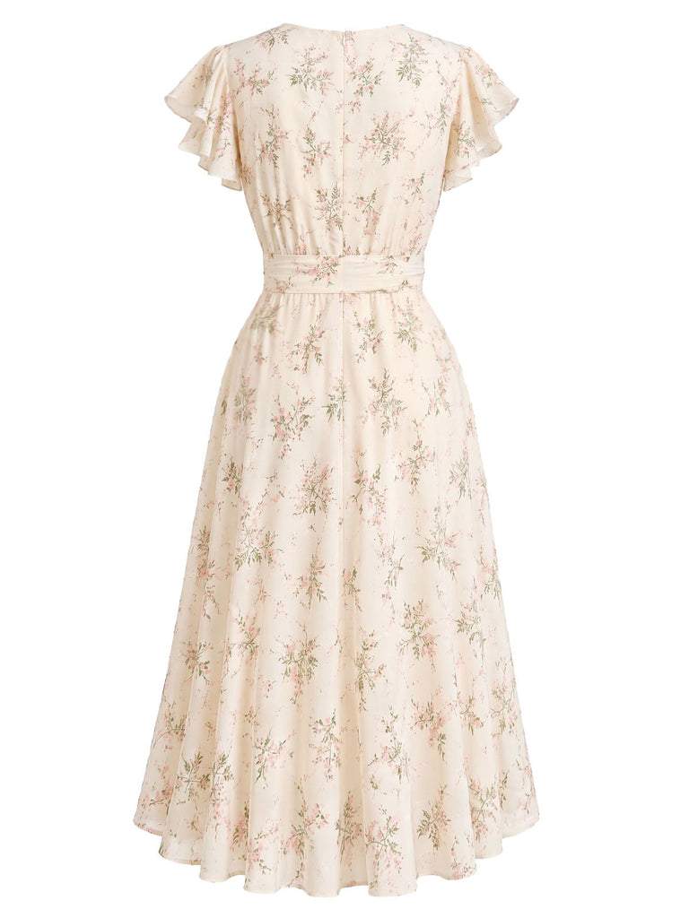 Creme-Gelbes 50er Wickelkleid mit Streublumen
