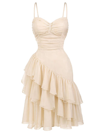Beige 30er Trägerkleid mit Raffung und asymmetrischen Volants