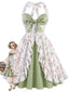 [Vorverkauf] Graugrünes 50er Neckholder-Kleid mit Blumen und Rüschen
