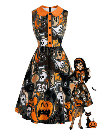 Schwarzes 60er Halloween Kleid mit Bubikragen