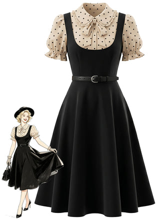 Schwarzes 40er Kleid mit Peter-Pan-Kragen und Polka-Dots