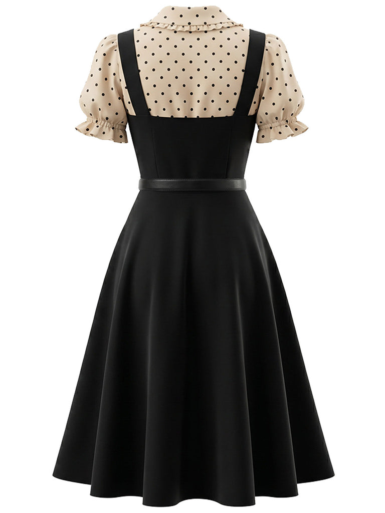 Schwarzes 40er Kleid mit Peter-Pan-Kragen und Polka-Dots