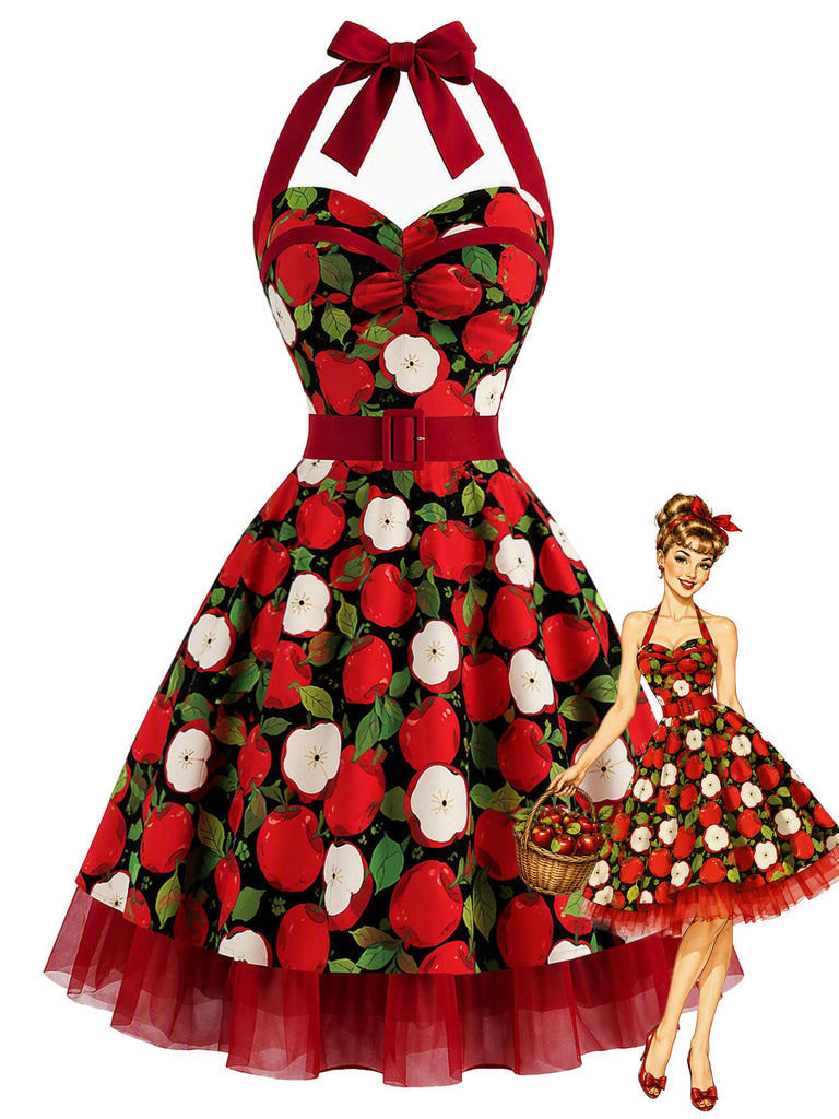 Rotes 50er Swingkleid mit Apfel-Print und Neckholder