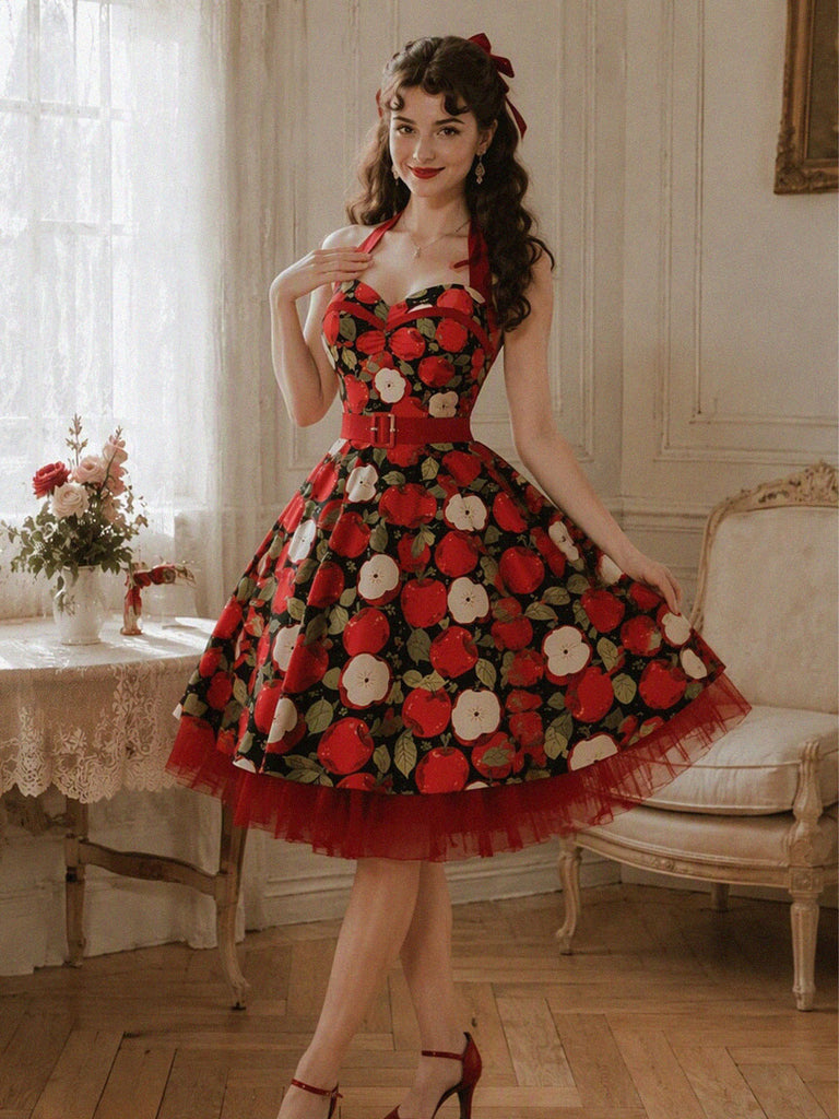 Rotes 50er Swingkleid mit Apfel-Print und Neckholder