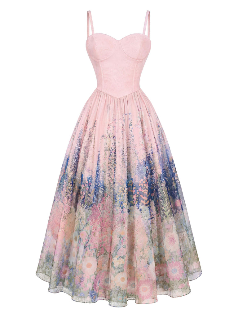 50er Netzkleid mit Ölgemaelde-Blumen