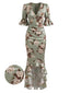 Salbeigrünes 30er Rüschenkleid mit Blumen-Print und Raffung