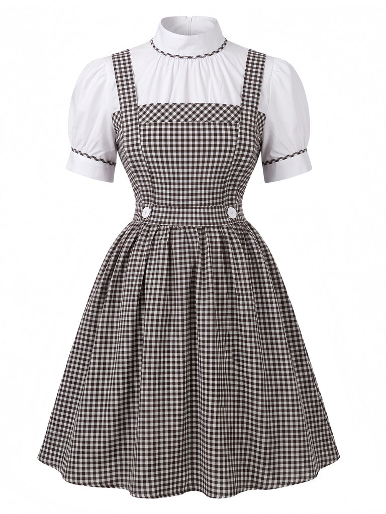 Graues 50er Kleid mit Puffärmel und Gingham