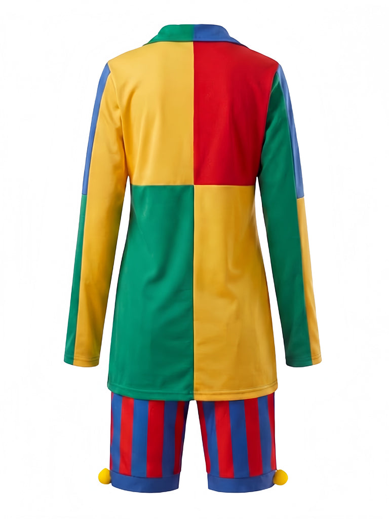 40er Clown-Kostümset mit Farbblock-Top, gestreiften Shorts und Hut