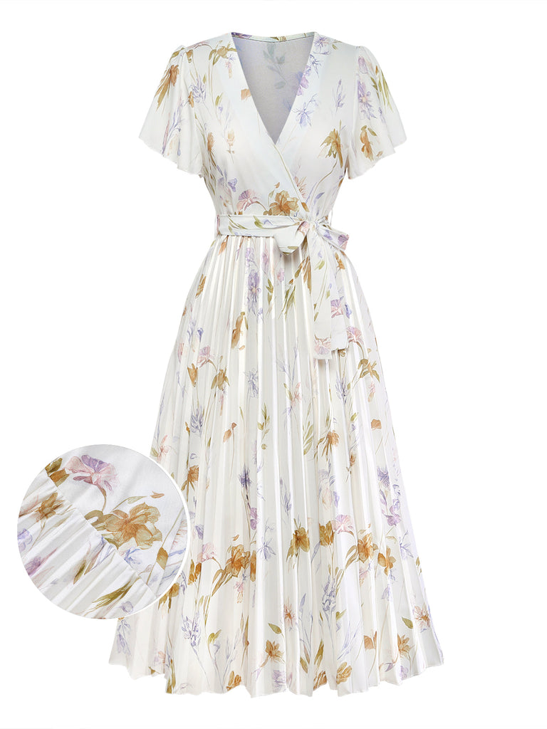Apricotes 40er Midikleid mit Flatterärmel und Blumen