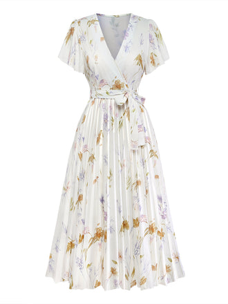 Apricotes 40er Midikleid mit Flatterärmel und Blumen