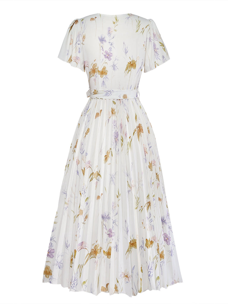 Apricotes 40er Midikleid mit Flatterärmel und Blumen
