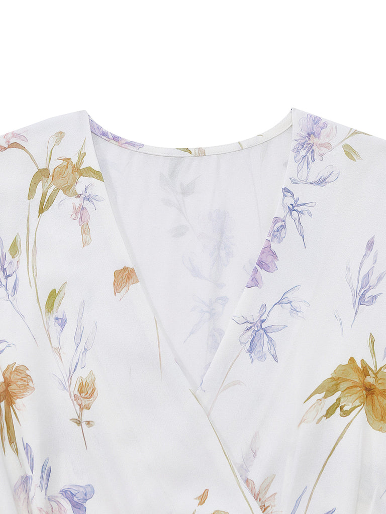 Apricotes 40er Midikleid mit Flatterärmel und Blumen