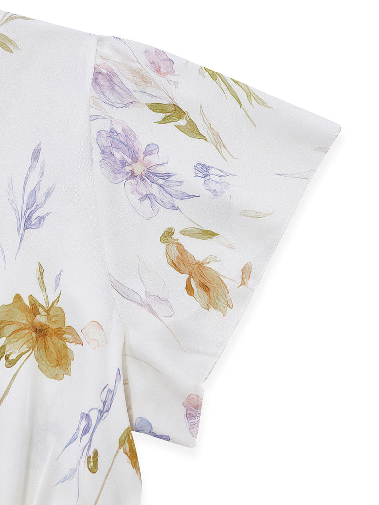 Apricotes 40er Midikleid mit Flatterärmel und Blumen
