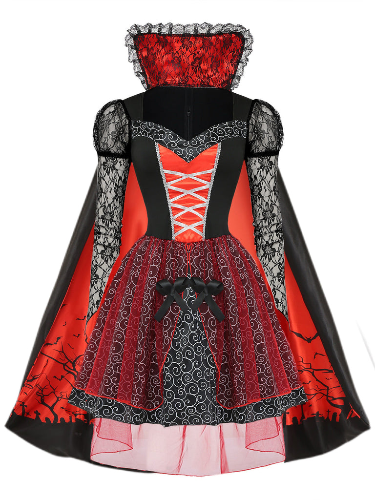 Rotes 50er Halloween Netz-Kleid mit Patchwork und Spitze