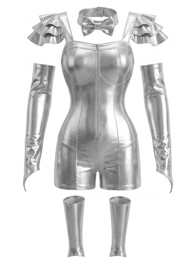 Silbernes 50er Halloween Metallic-Set mit Body und Armstulpen