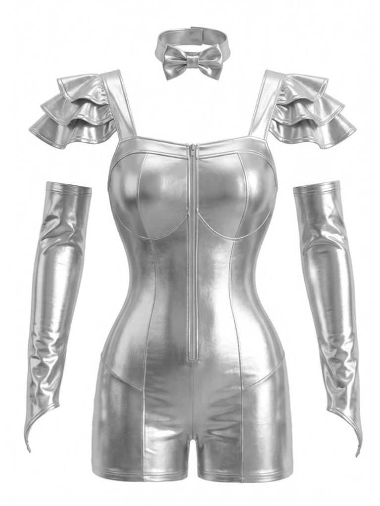 Silbernes 50er Halloween Metallic-Set mit Body und Armstulpen