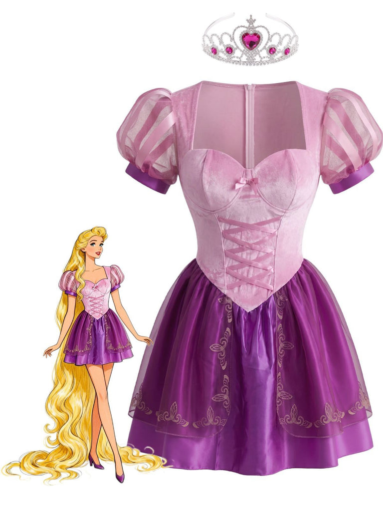 50er besticktes Korsett-Minikleid mit Meshärmeln und Krone