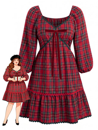 [Übergröße] Rotes 50er Swingkleid mit Karo und V-Ausschnitt