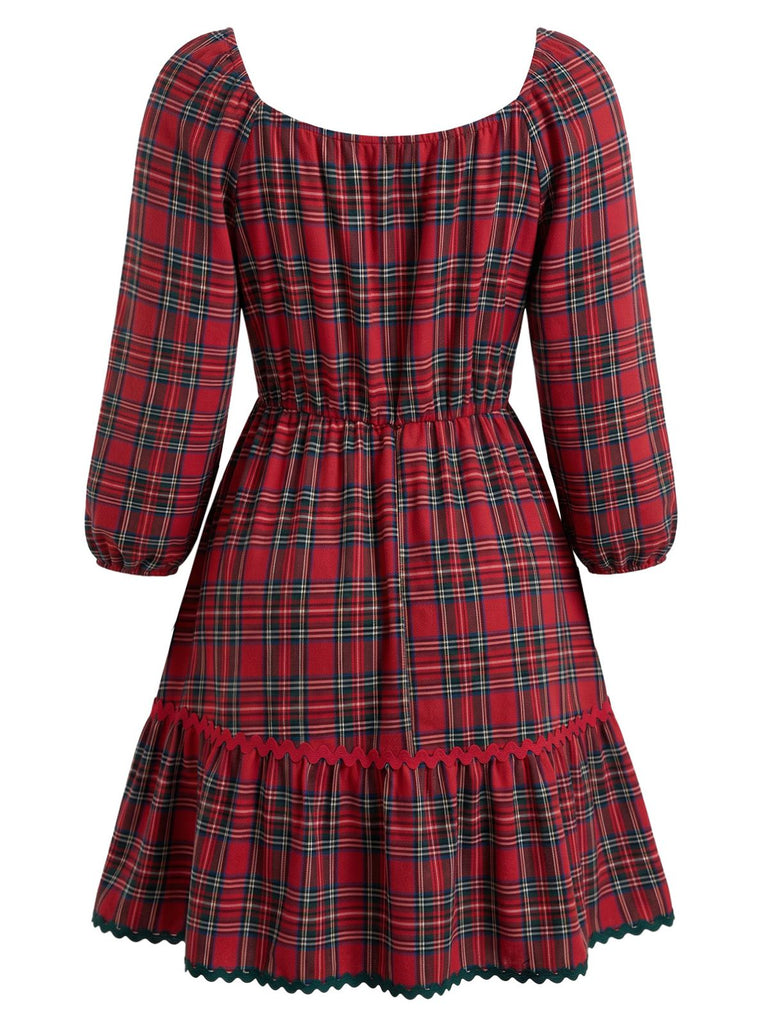 [Übergröße] Rotes 50er Swingkleid mit Karo und V-Ausschnitt