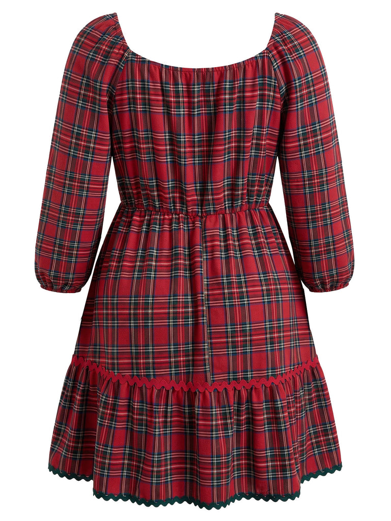 [Übergröße] Rotes 50er Swingkleid mit Karo und V-Ausschnitt