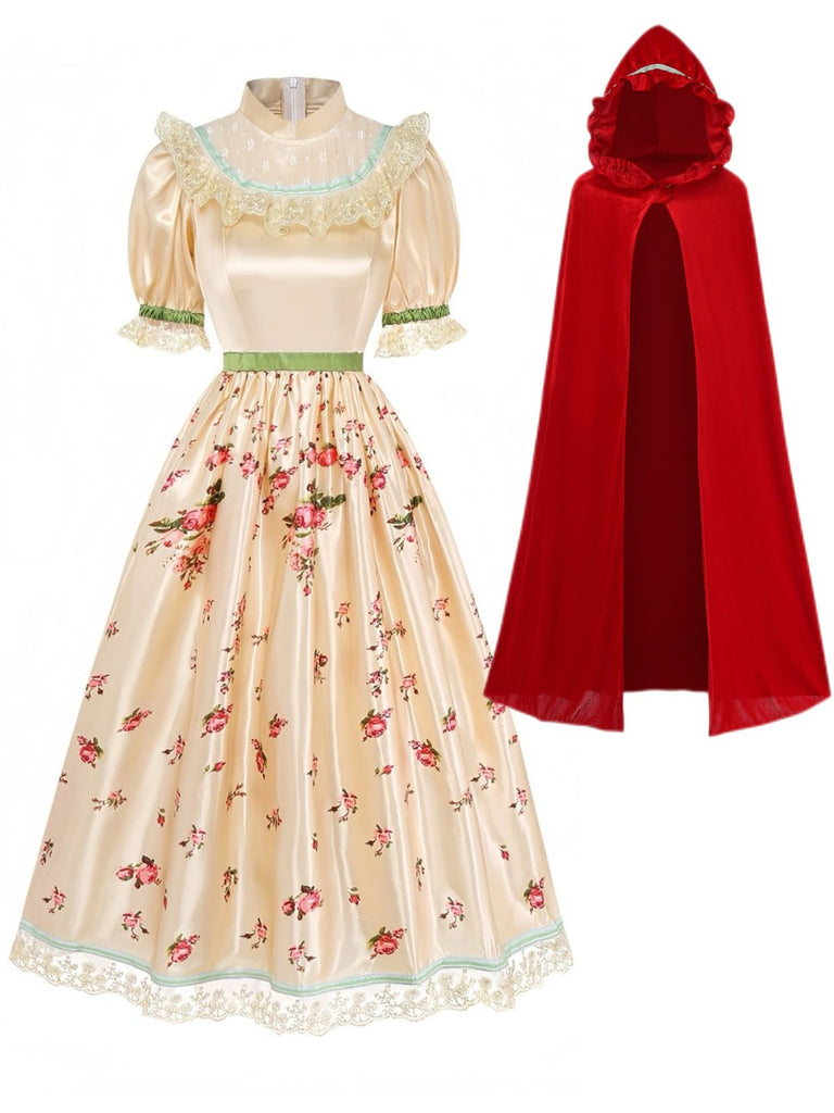 Rotes 40er Kleid mit Puffärmel und Blumen