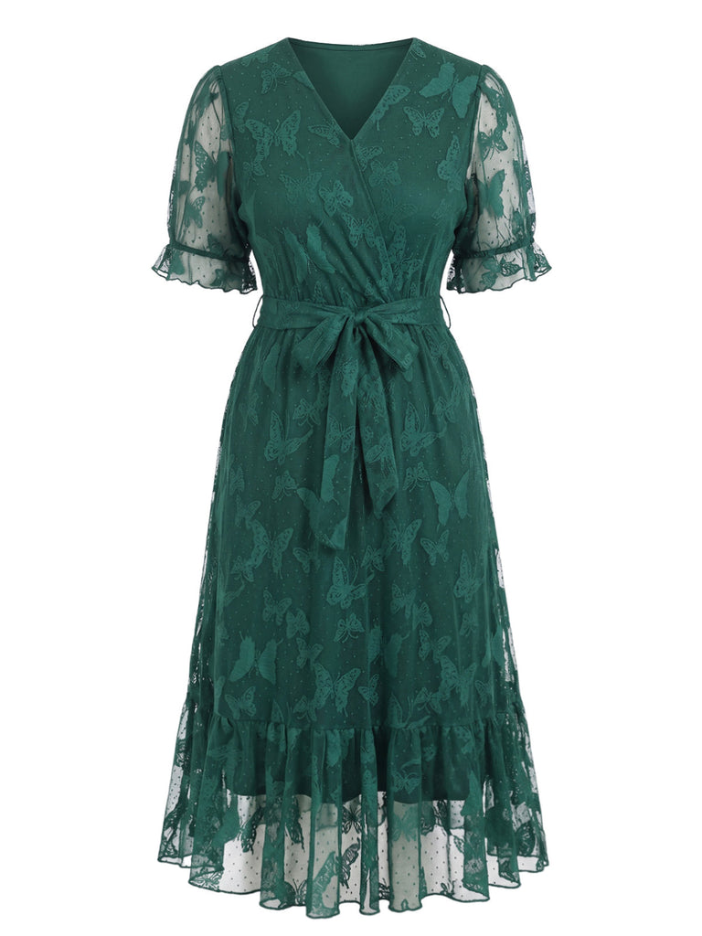 [Übergröße] Dunkelgrünes 50er V-Ausschnitt-Kleid mit Schmetterlingsspitze und Gürtel