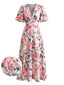 Rosa 50er Wickel-Midikleid mit Blumen und Flatterärmeln
