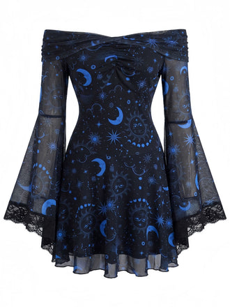 Blaues 70er schulterfreies Kleid mit Print und Spitze