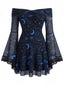 Blaues 70er schulterfreies Gothic-Kleid mit Celestial-Print und Spitze