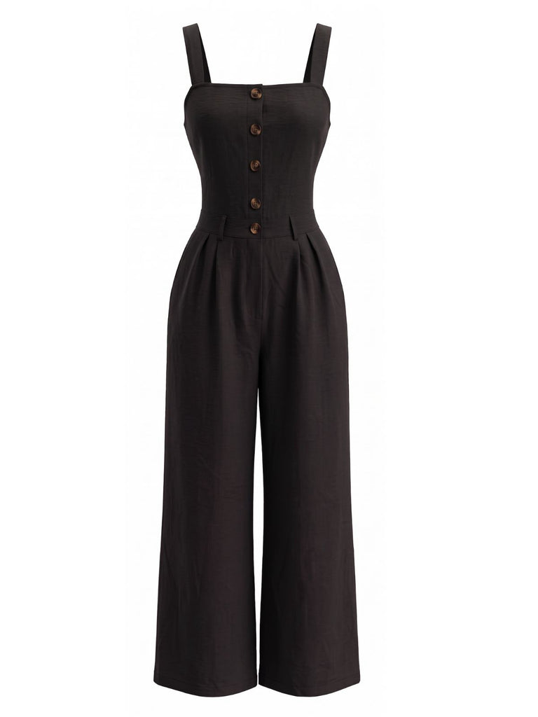 40er ärmelloser Jumpsuit mit Karree-Ausschnitt und Knopfleiste