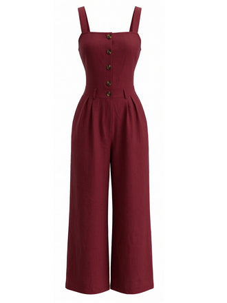 40er ärmelloser Jumpsuit mit Karree-Ausschnitt und Knopfleiste