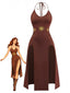 Braunes 80er Neckholder-Kleid mit Sonnenprint und Doppelschlitz