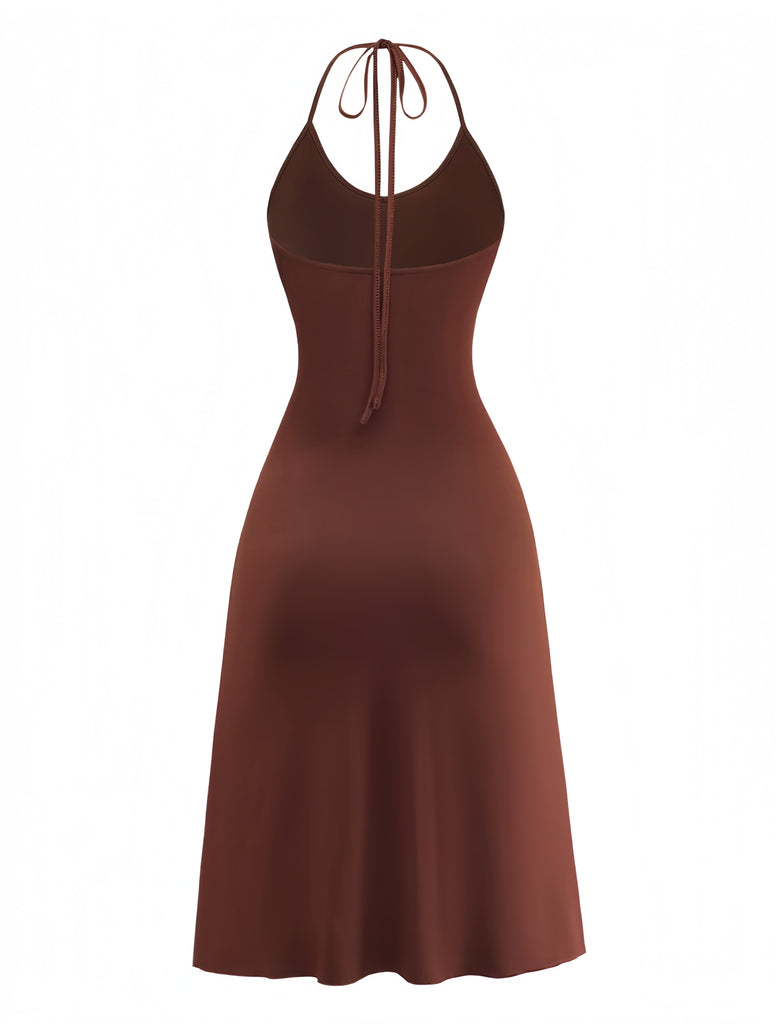 Braunes 80er Kleid mit Neckholder und Sonnenprint