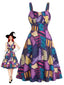 Lila 50er Gothic-Halloween-Kleid mit Patchwork-Print