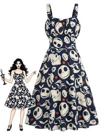 Schwarzes 50er Halloween Kleid mit A-Linie und Print