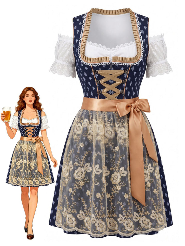 Blaues 50er Oktoberfest-Dirndl-Set mit Carmen-Top und Spitzenschürze